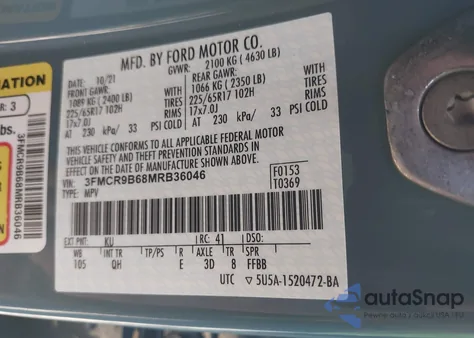 2021 Ford Bronco Sport Big Bend z USA, uszkodzony, nr VIN 3FMCR9B68MRB36046